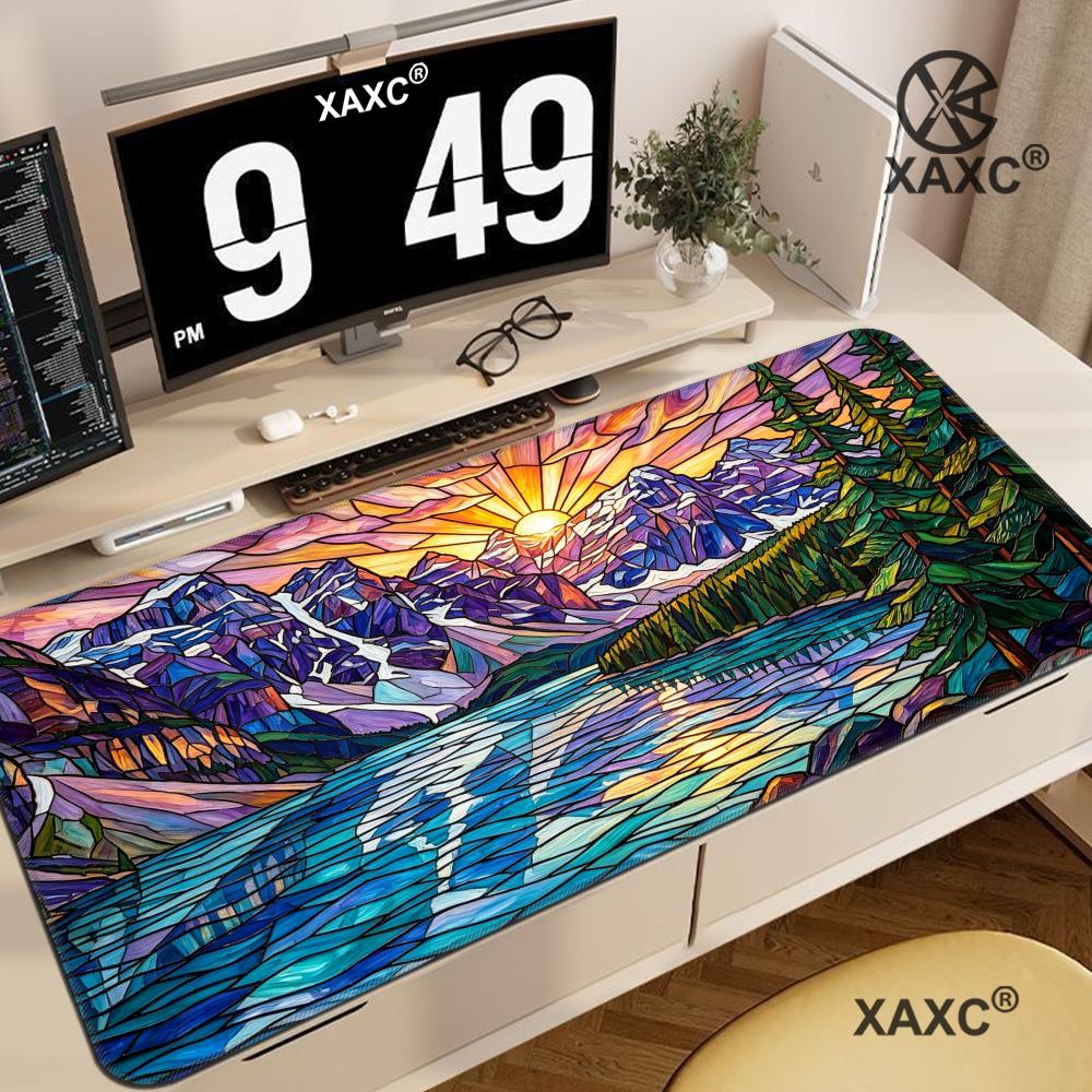 Desk Setup Natural - Buntglas-Berg-Schreibtischunterlage, farbenfrohe Sonnenuntergang-Landschaft, Mauspad, Naturkunst, Gaming-Schreibtischunterlage,