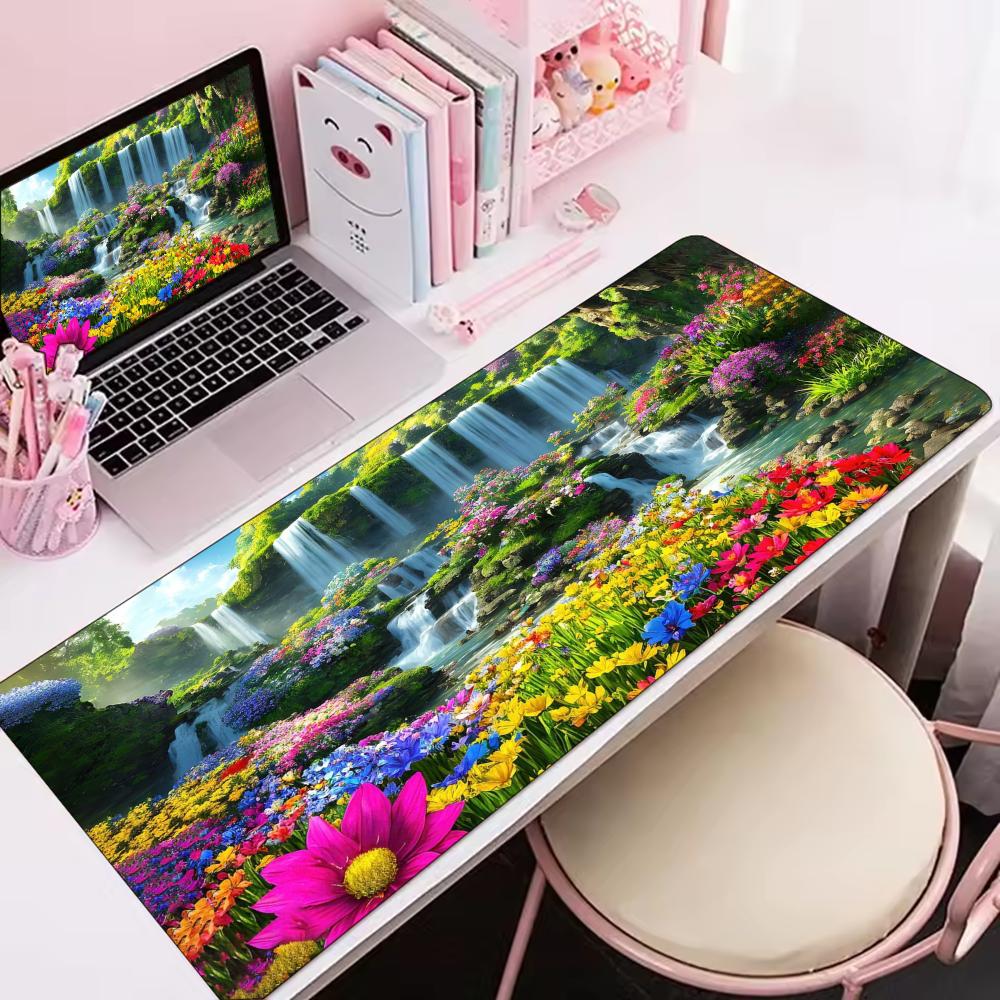 Desk Setup Natural - Bunte Blumen-Wasserfall-Landschaft Naturkunst Großes Schreibtisch-Mauspad Rutschfeste