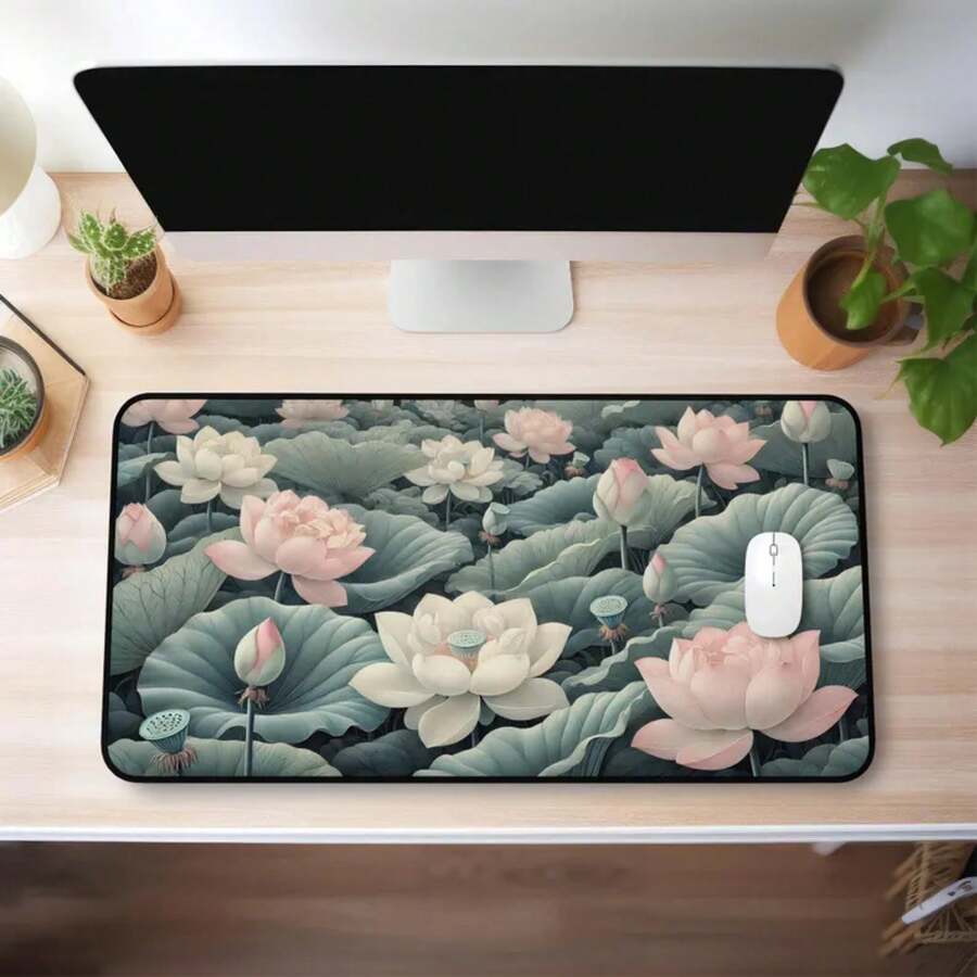 Desk Setup Natural - Große Lotusblumen-Schreibtischunterlage Rutschfeste Mausmatte Naturinspiriertes Büro-Gaming-Setup