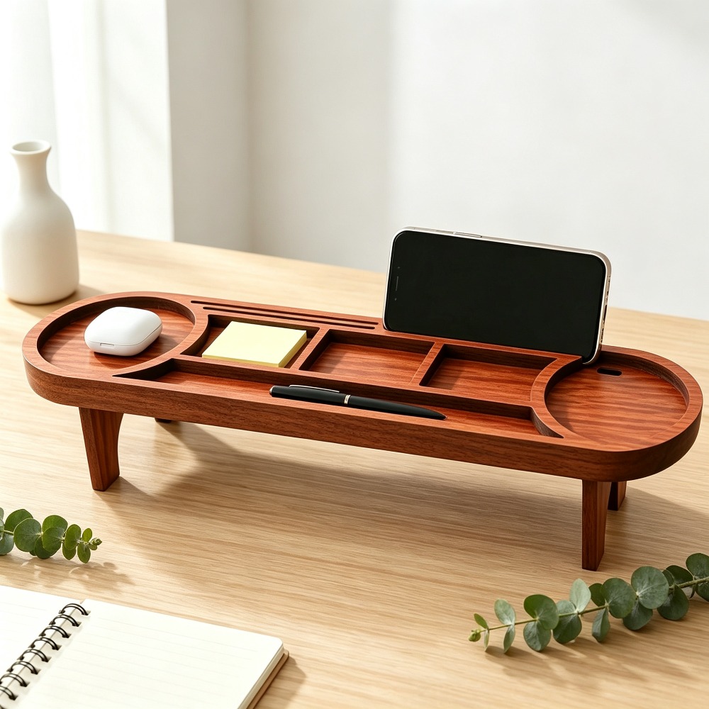 Desk Setup Home Office - Hölzerner Schreibtisch-Organizer mit Telefonständer Multifunktionales Desktop-Aufbewahrungsregal